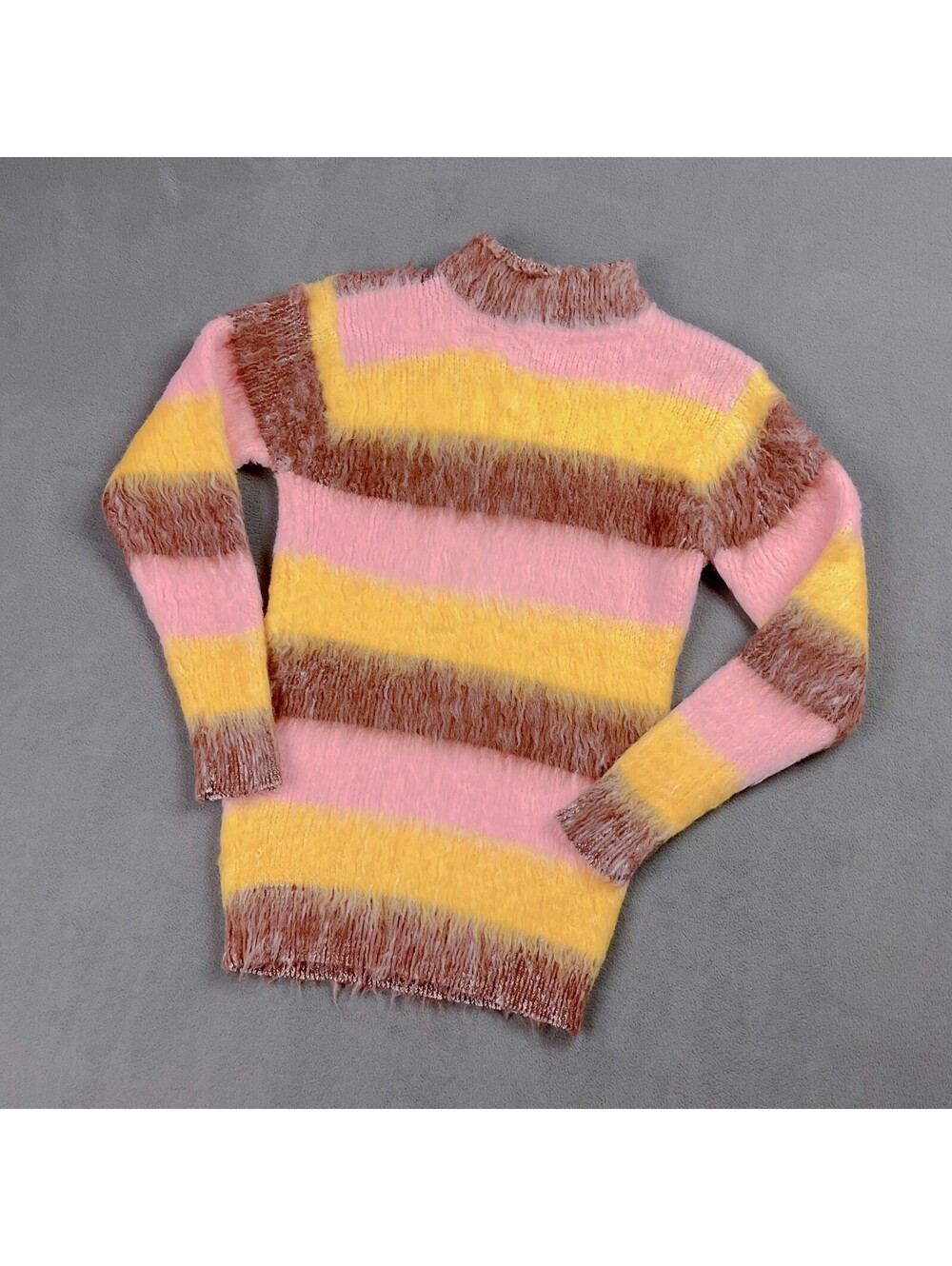 Fuzzy Vintage Sweater, 60’s Striped Pink, Yellow, Brown High Neck Pullover